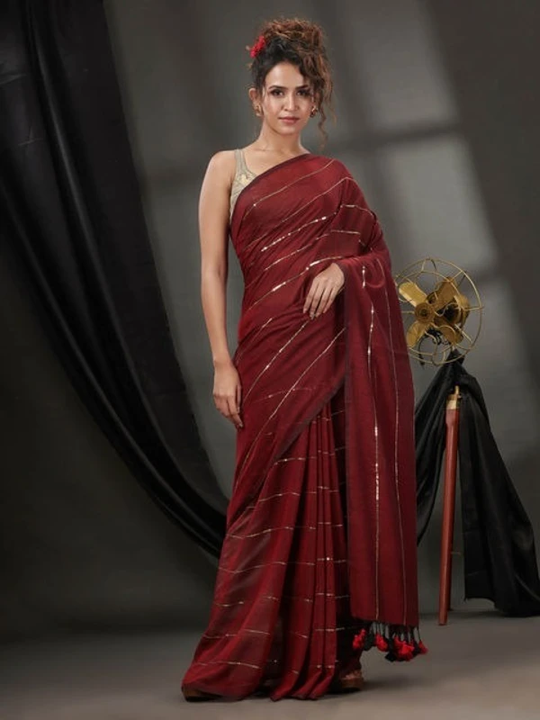 Handloom Sequence Chain Cotton Saree  - Maroon