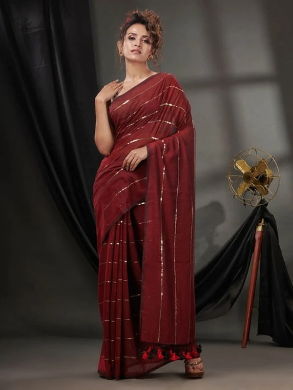 Handloom Sequence Chain Cotton Saree  - Maroon