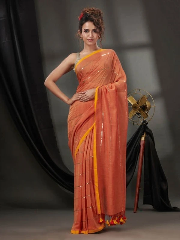 Handloom Sequence Chain Cotton Saree - Orange Roughy