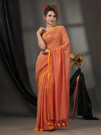 Handloom Sequence Chain Cotton Saree - Orange Roughy