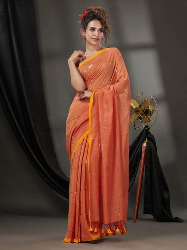 Handloom Sequence Chain Cotton Saree - Orange Roughy