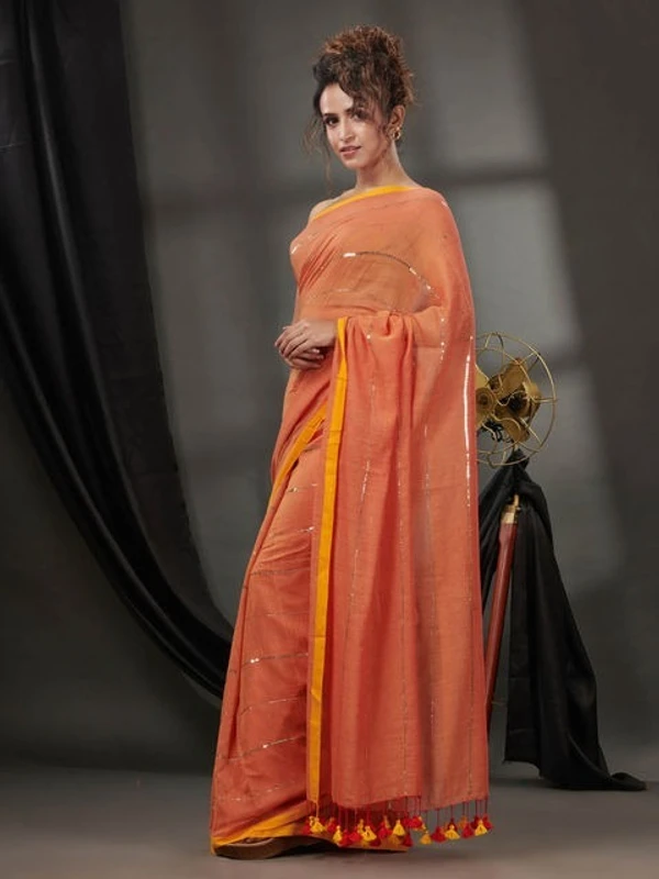 Handloom Sequence Chain Cotton Saree - Orange Roughy