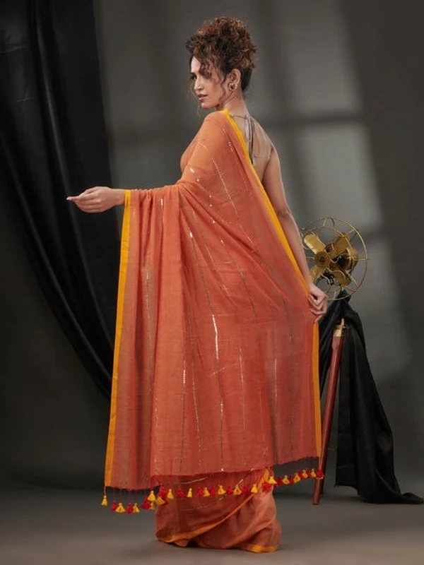 Handloom Sequence Chain Cotton Saree - Orange Roughy