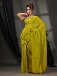 Handloom Sequence Chain Cotton Saree - Olive