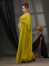Handloom Sequence Chain Cotton Saree - Olive
