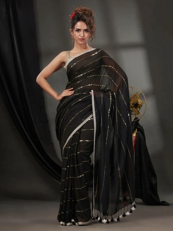 Handloom Sequence Chain Cotton Saree - Black