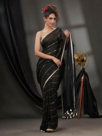 Handloom Sequence Chain Cotton Saree - Black
