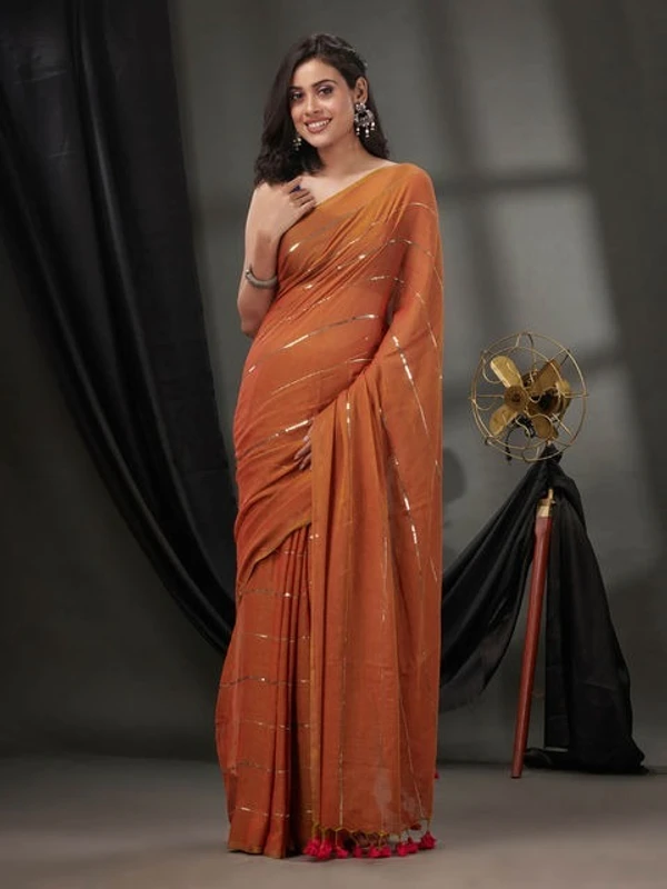 Handloom Sequence Chain Cotton Saree - Desert