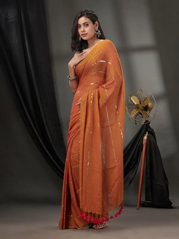 Handloom Sequence Chain Cotton Saree - Desert