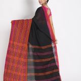 Handloom Begampuri Work Cotton Saree - Black & CRed