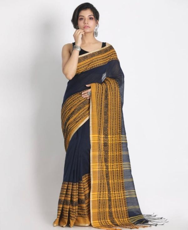 Handloom Begampuri Work Cotton Saree - Navy Blue & Gold