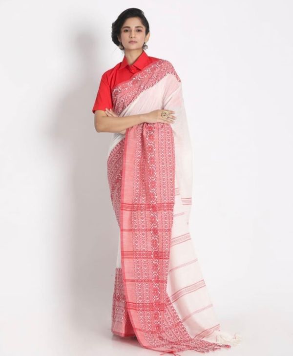 Handloom Begampuri Work Cotton Saree - White & Red