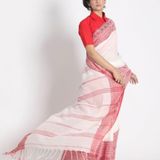 Handloom Begampuri Work Cotton Saree - White & Red