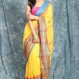 Handloom Begampuri Work Cotton Saree - Yellow & Multi
