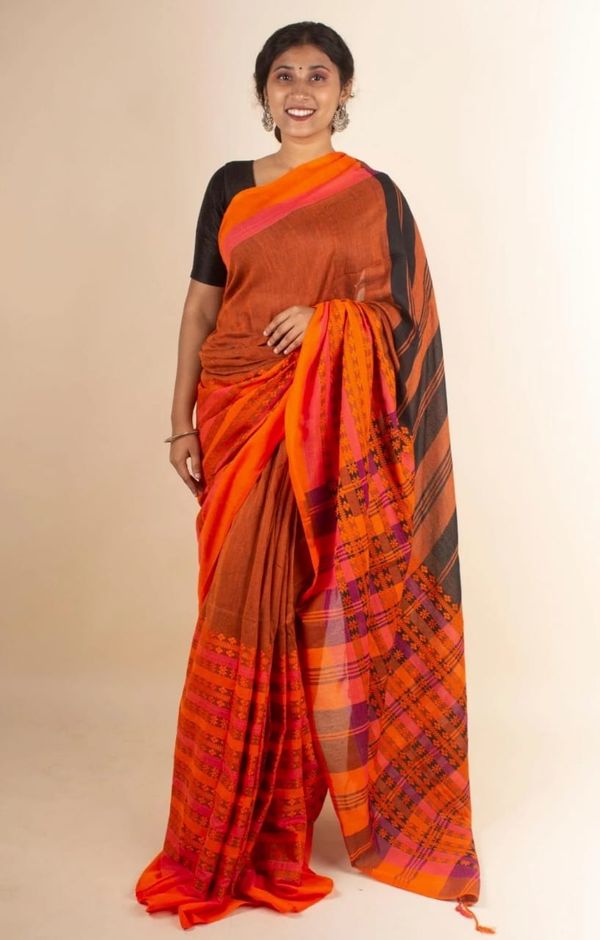 Handloom Begampuri Work Cotton Saree - Web Orange