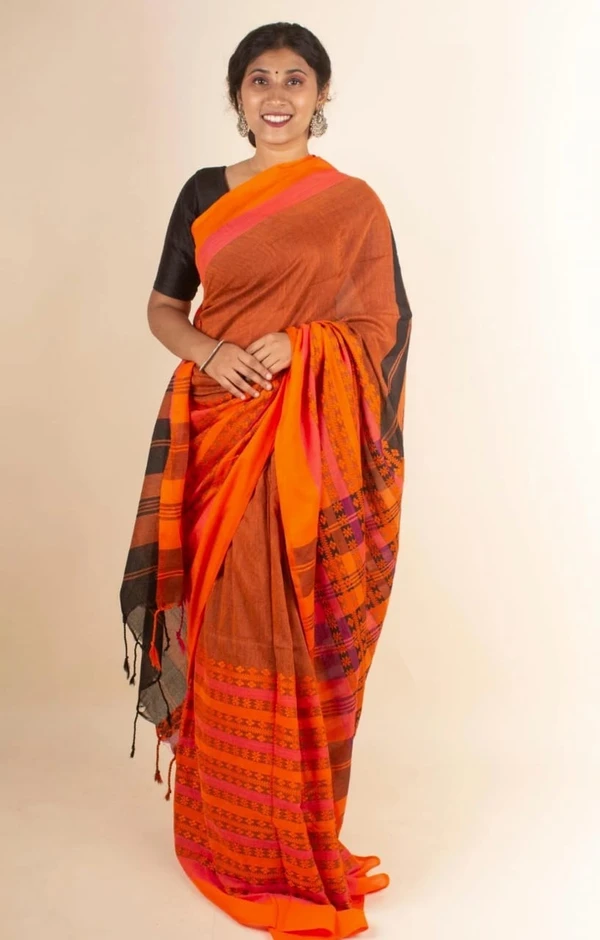 Handloom Begampuri Work Cotton Saree - Web Orange