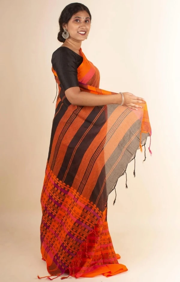 Handloom Begampuri Work Cotton Saree - Web Orange