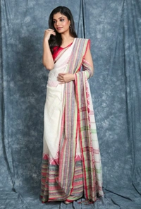 Handloom Begampuri Work Cotton Saree - White & Multi