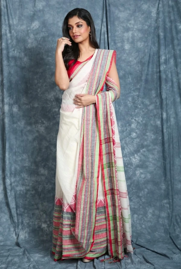 Handloom Begampuri Work Cotton Saree - White & Multi