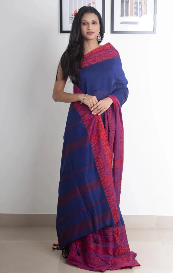 Handloom Begampuri Work Cotton Saree - Navy Blue & Magenta