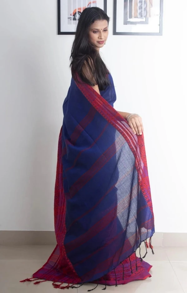 Handloom Begampuri Work Cotton Saree - Navy Blue & Magenta