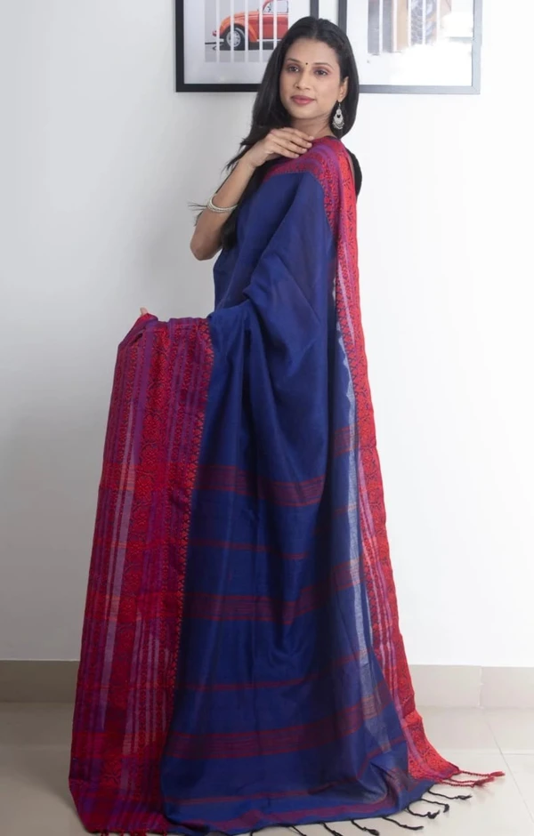 Handloom Begampuri Work Cotton Saree - Navy Blue & Magenta