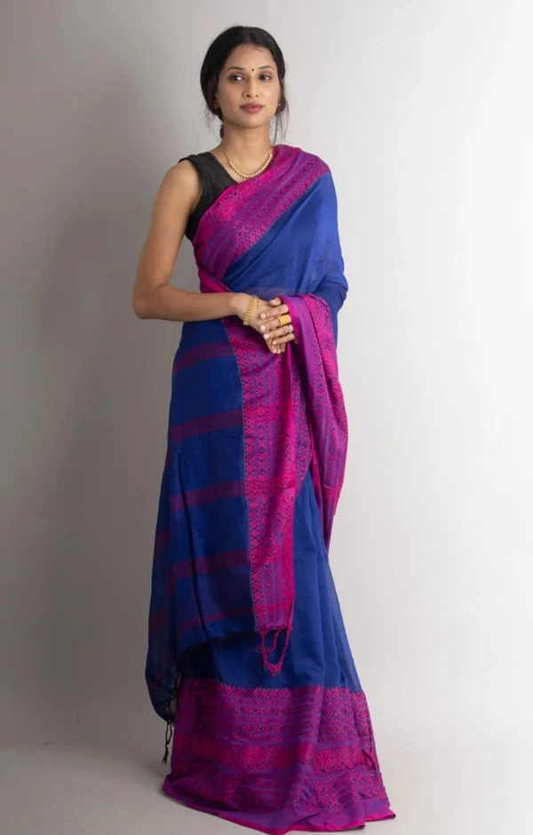 Handloom Begampuri Work Cotton Saree - Blue & Magenta