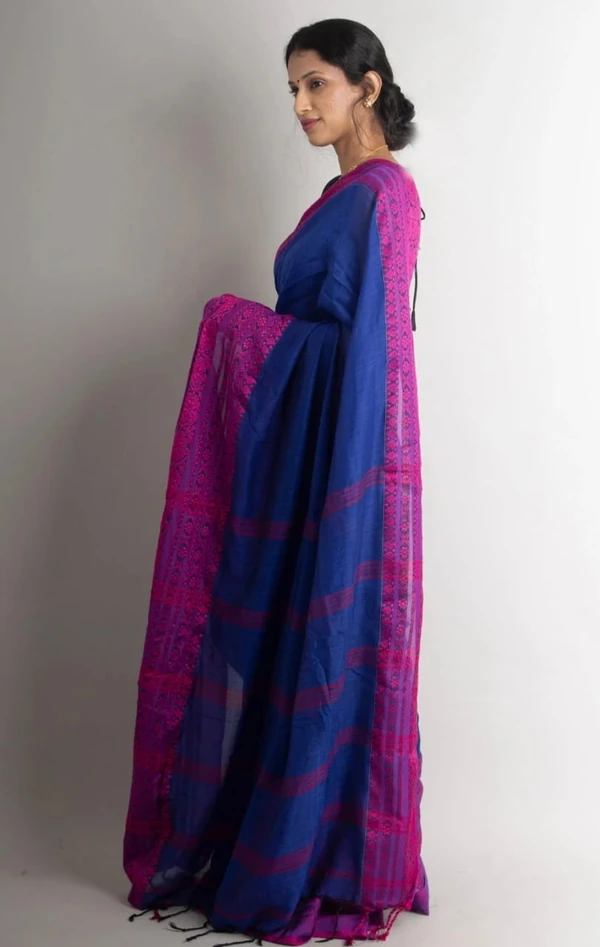 Handloom Begampuri Work Cotton Saree - Blue & Magenta