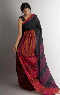 Handloom Begampuri Work Cotton Saree - Black & Maroon