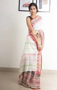 Handloom Begampuri Work Cotton Saree - White & Multi