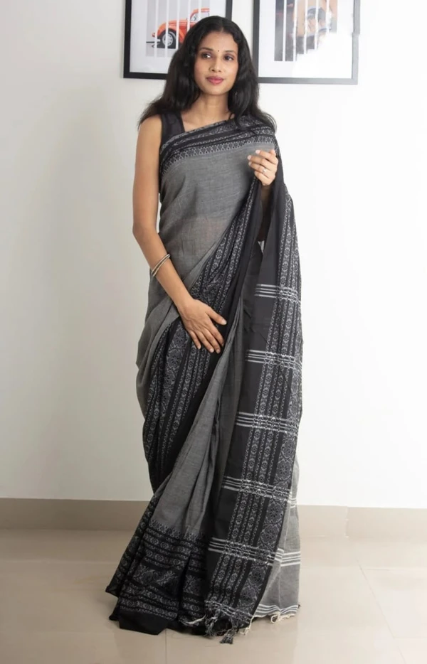 Handloom Begampuri Work Cotton Saree - Silver & Black