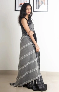 Handloom Begampuri Work Cotton Saree - Silver & Black