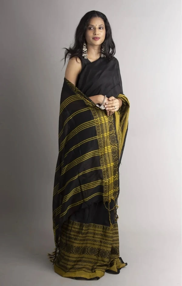 Handloom Begampuri Work Cotton Saree - Black & Gold