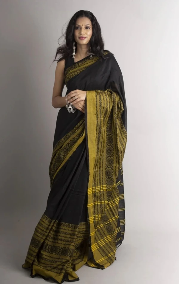 Handloom Begampuri Work Cotton Saree - Black & Gold