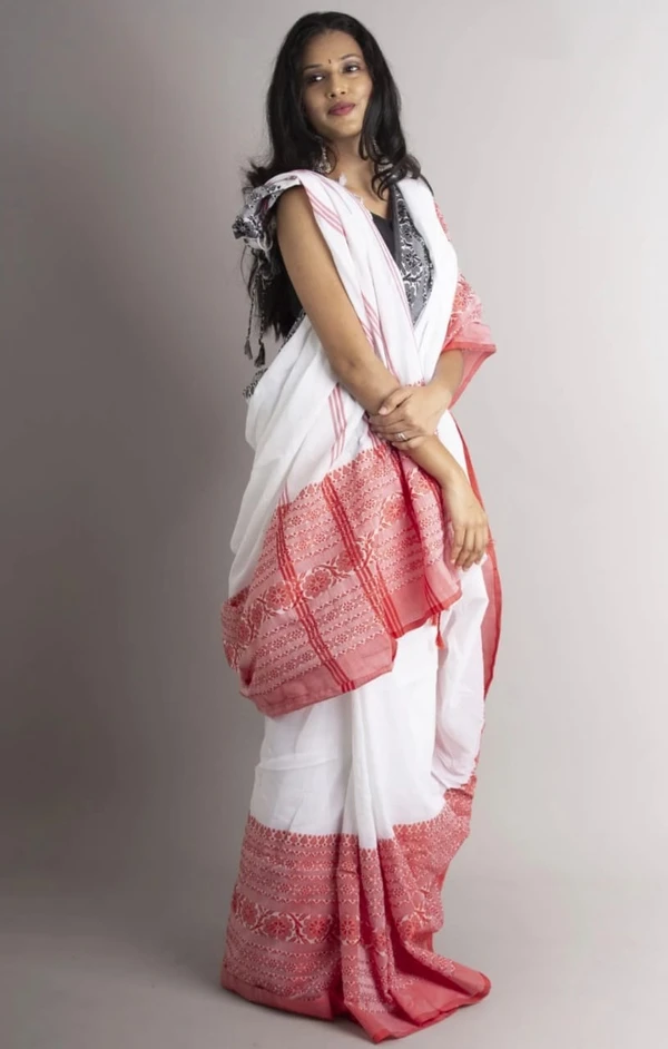 Handloom Begampuri Work Cotton Saree - White