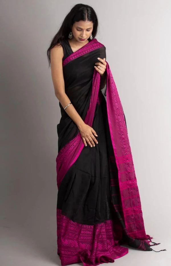 Handloom Begampuri Work Cotton Saree - Black