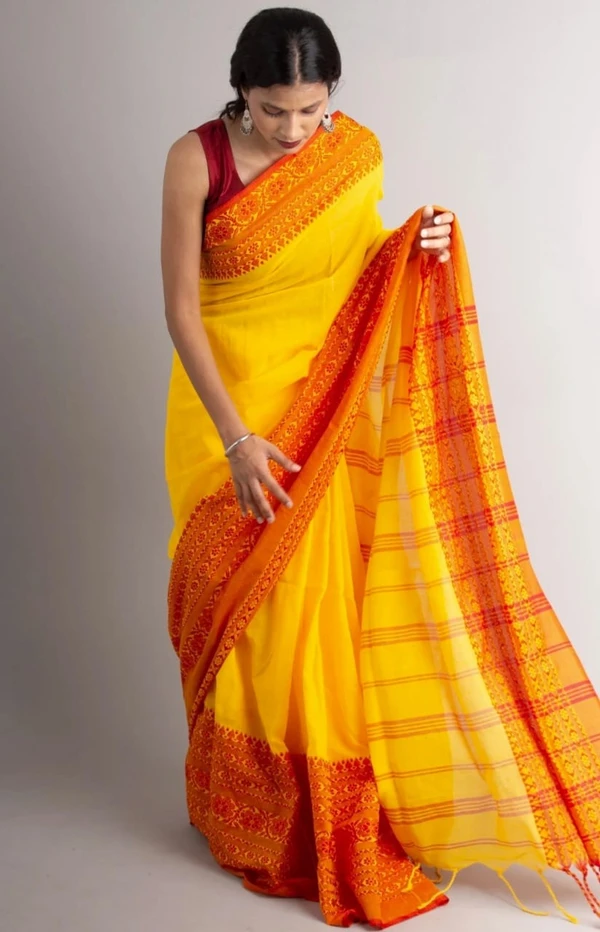 Handloom Begampuri Work Cotton Saree - School bus Yellow