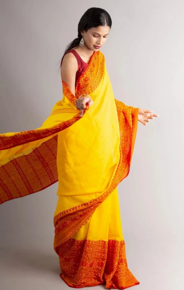 Handloom Begampuri Work Cotton Saree - School bus Yellow