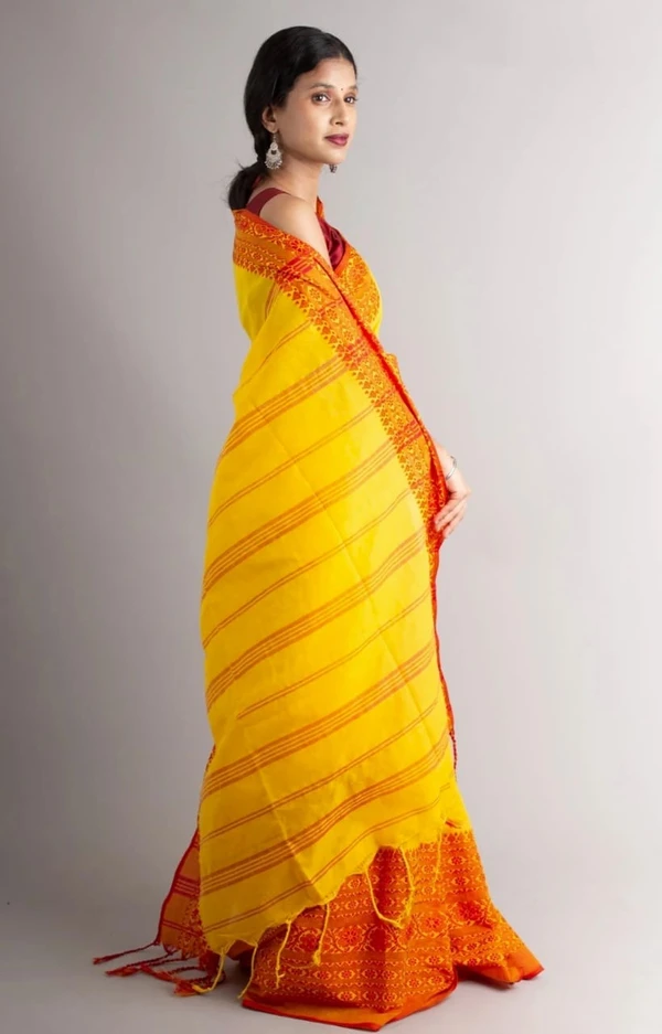 Handloom Begampuri Work Cotton Saree - School bus Yellow