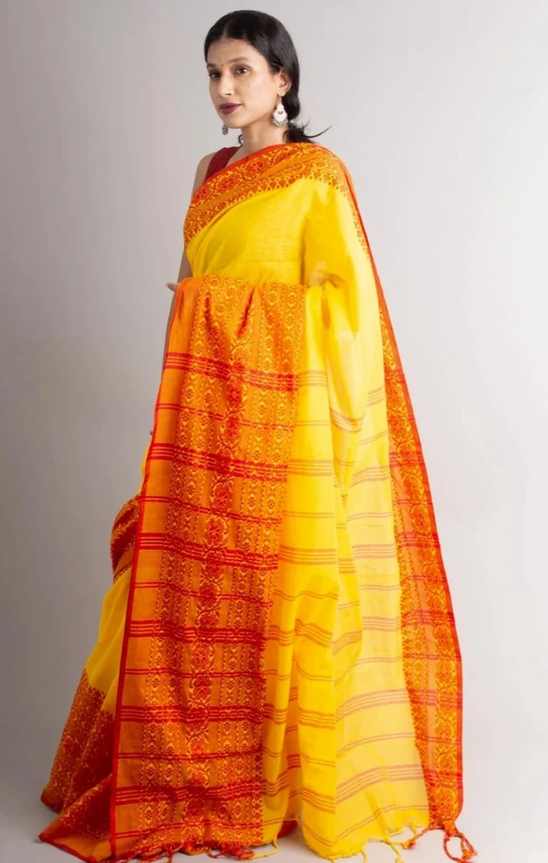 Handloom Begampuri Work Cotton Saree - School bus Yellow