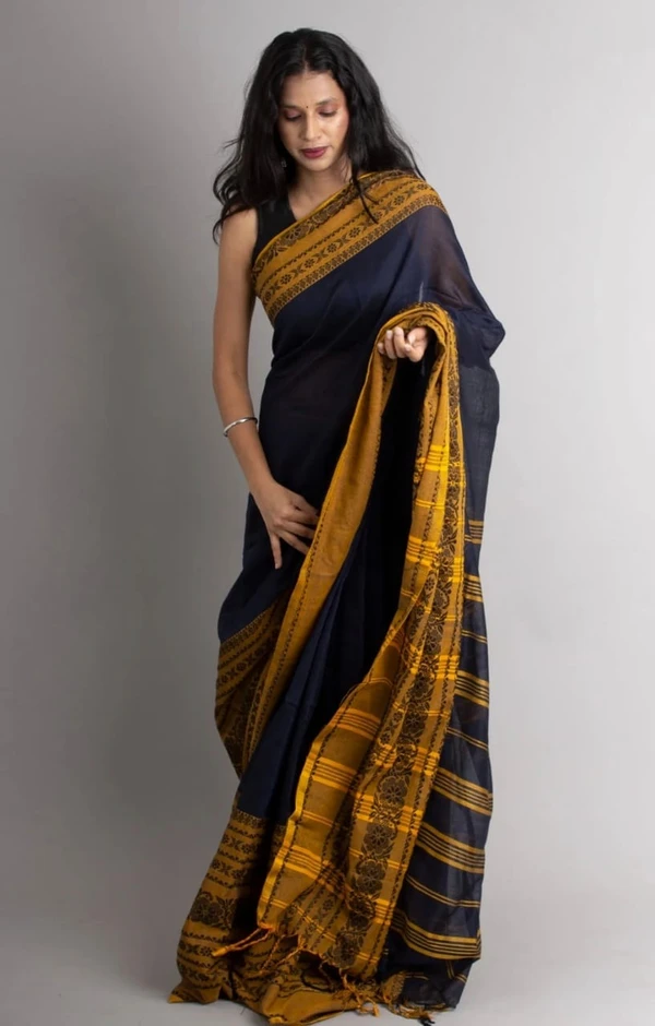 Handloom Begampuri Work Cotton Saree - Black & Yellow