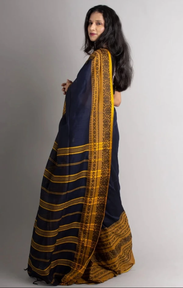 Handloom Begampuri Work Cotton Saree - Black & Yellow