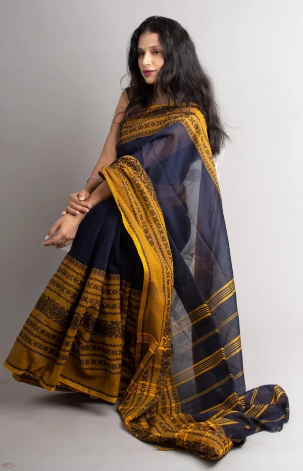 Handloom Begampuri Work Cotton Saree - Black & Yellow