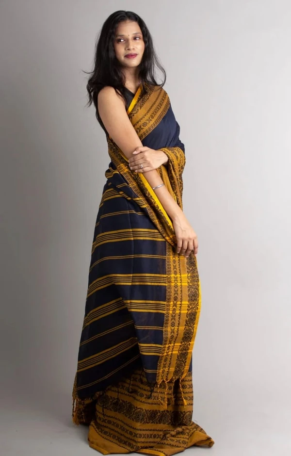 Handloom Begampuri Work Cotton Saree - Black & Yellow