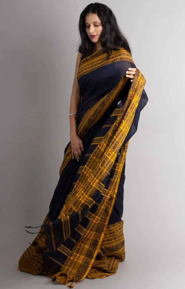 Handloom Begampuri Work Cotton Saree - Black & Yellow