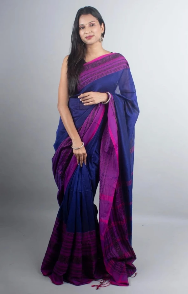 Handloom Begampuri Work Cotton Saree - Navy Blue