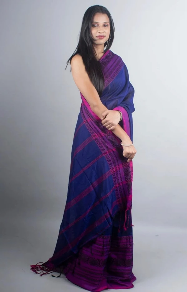 Handloom Begampuri Work Cotton Saree - Navy Blue