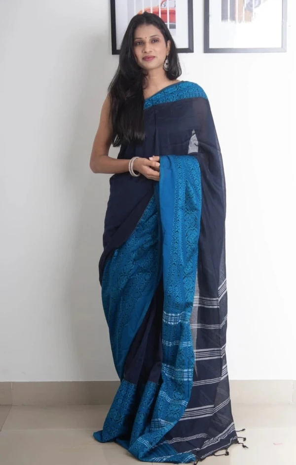 Handloom Begampuri Work Cotton Saree - Black