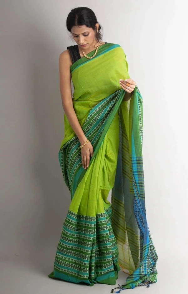 Handloom Begampuri Work Cotton Saree - Green