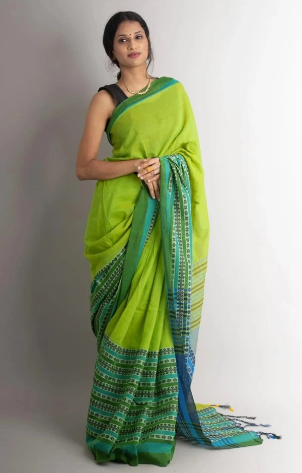 Handloom Begampuri Work Cotton Saree - Green